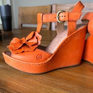 BORN Orange Leather Floral Platform Wedge Size 6